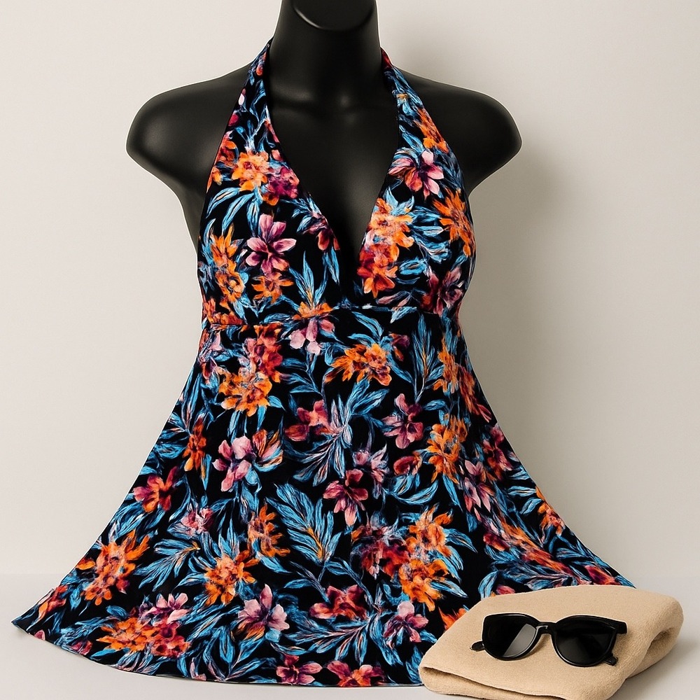 Rosegal Black Floral Halter Swim Dress Tunic Tummy Control Size 2XL US 18‎